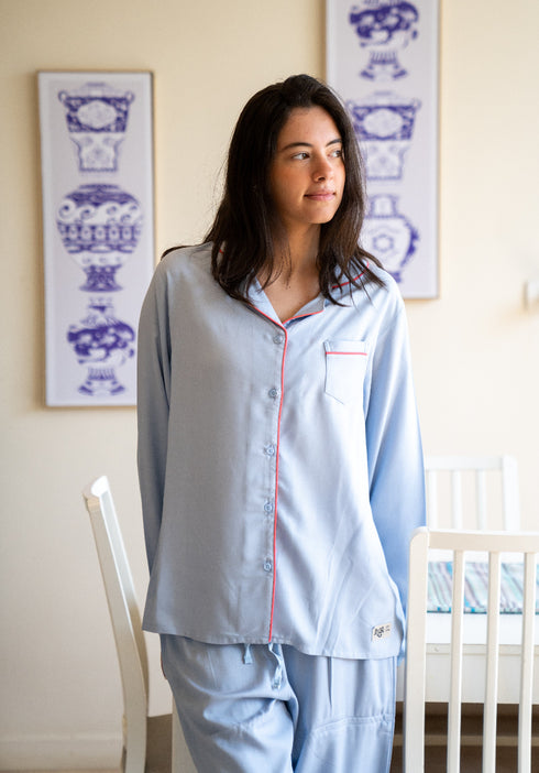 Women Summer Pajama Set Light Blue buttoned shirt + Pants